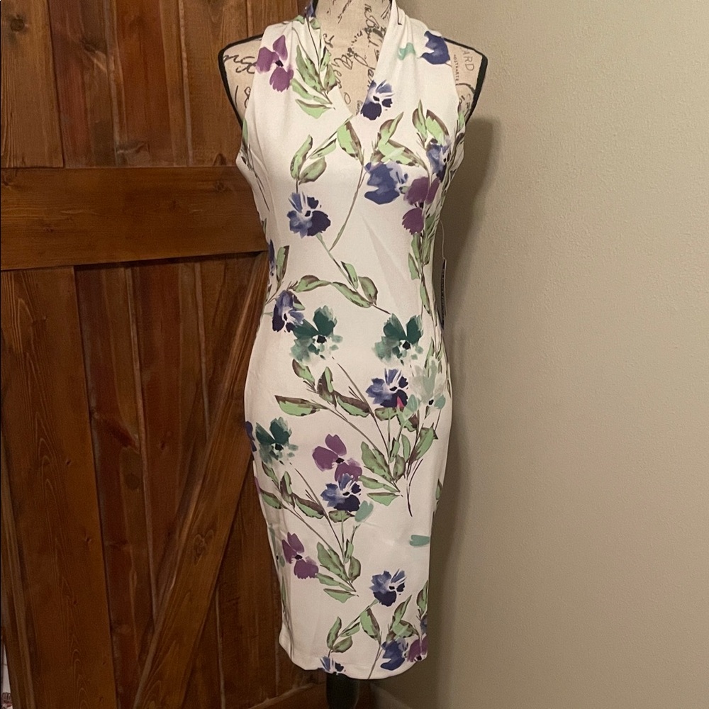 New York & Company Floral Midi Dress - White with Purple and Green